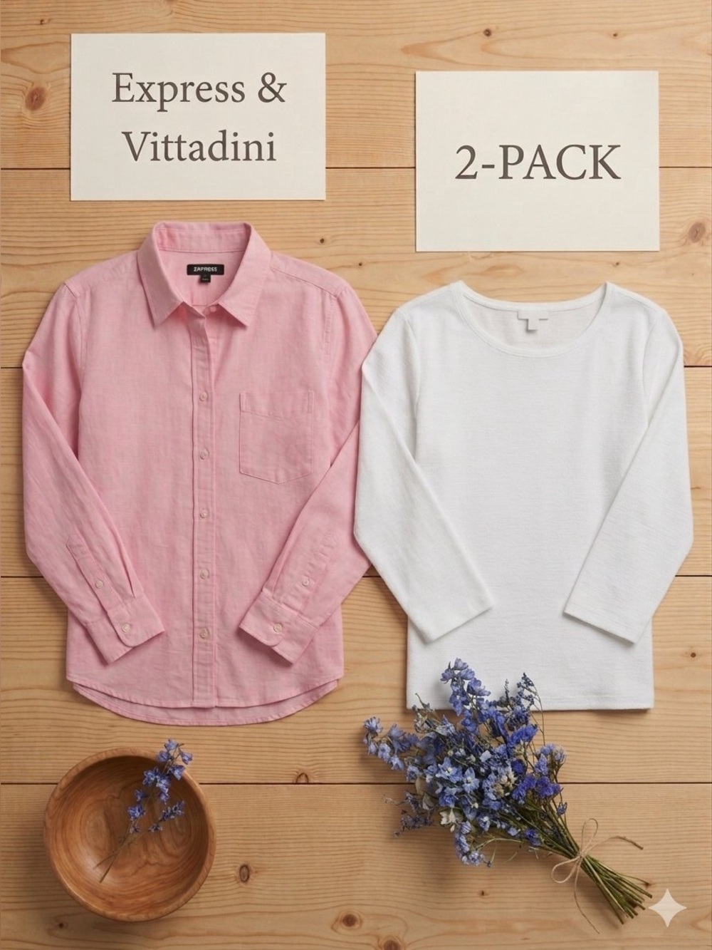 2 PACK! Adrienne Vittadini & Express, Women's Linen Knit Top L Pink Oxford L LOT